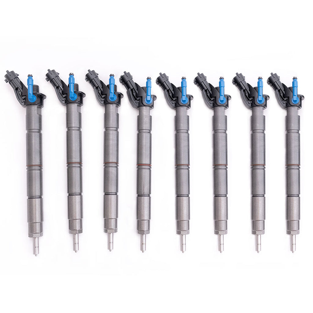 Set of 8 remanufactured diesel injectors for Ford Powerstroke 6.7L, performance-enhancing fuel injection components.