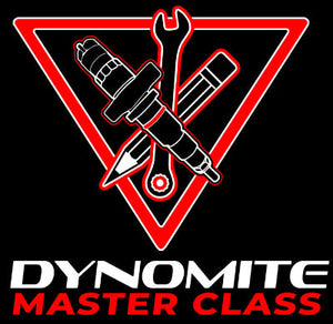 Dynomite Diesel Master Class logo featuring diesel injectors and tools, promoting diesel performance education.